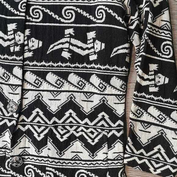 80s Vintage Black/Grey Mandarin Collar Aztec Pattern Cotton Woven Jacket - Picture 9 of 14